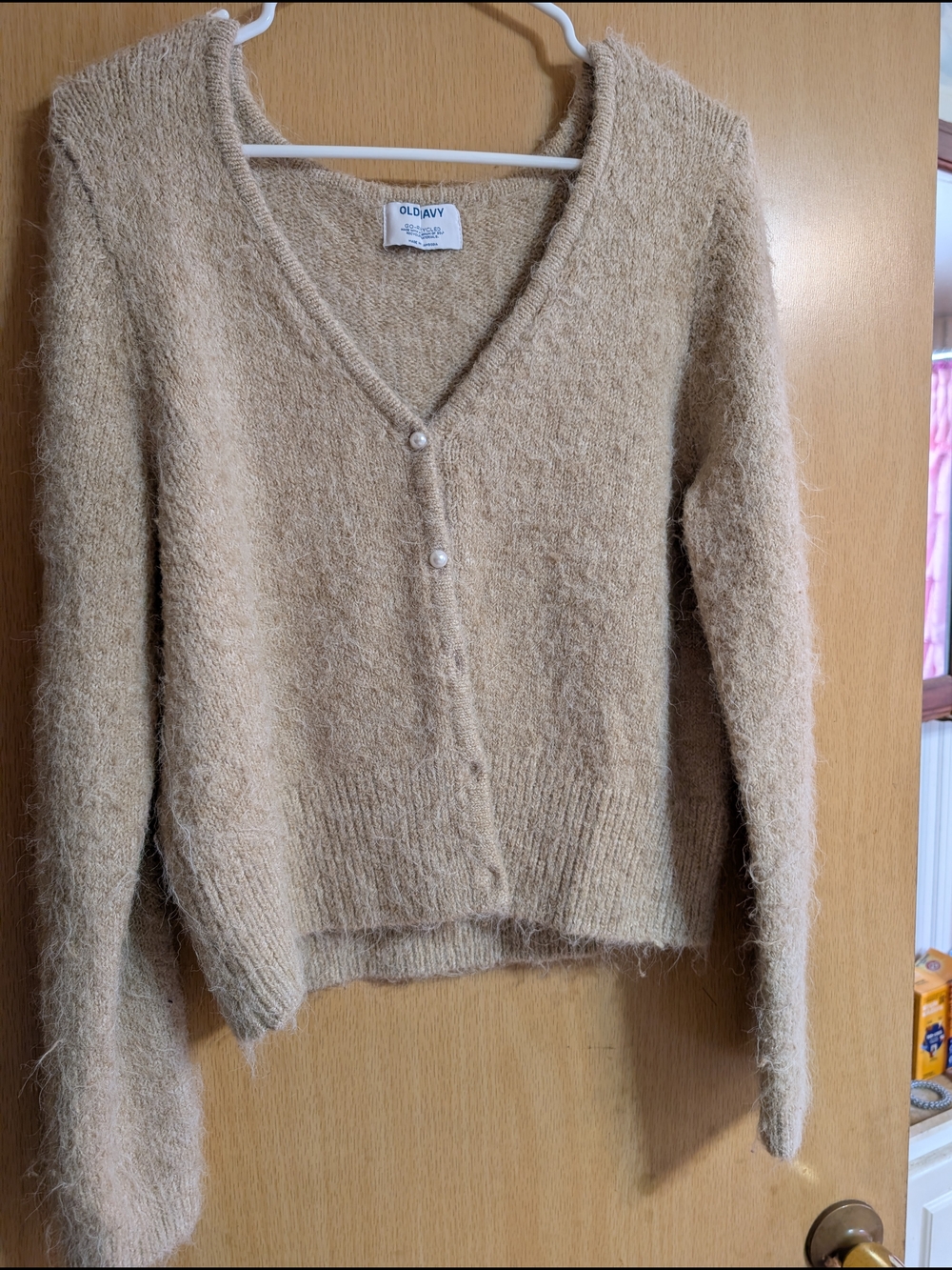 Old Navy Women's Tan Fuzzy V-Neck Cardigan - Made From Recycled Materials